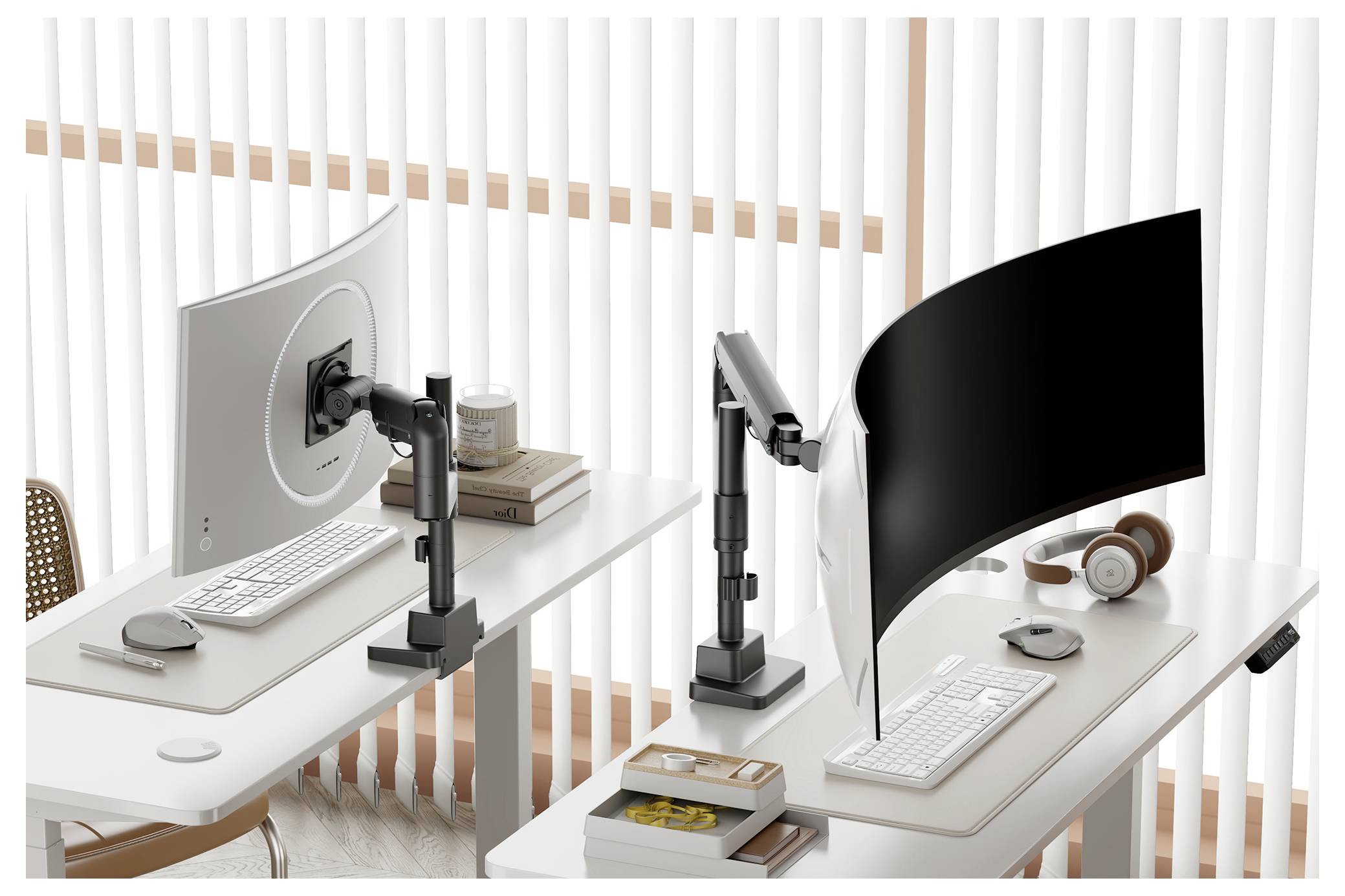 Two modern workstations with curved monitors on adjustable arms. Each desk has a keyboard, mouse, headphones, and books.