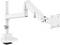 'White adjustable monitor arm with a clamp base and articulated joints for flexible positioning, suitable for office desks.'