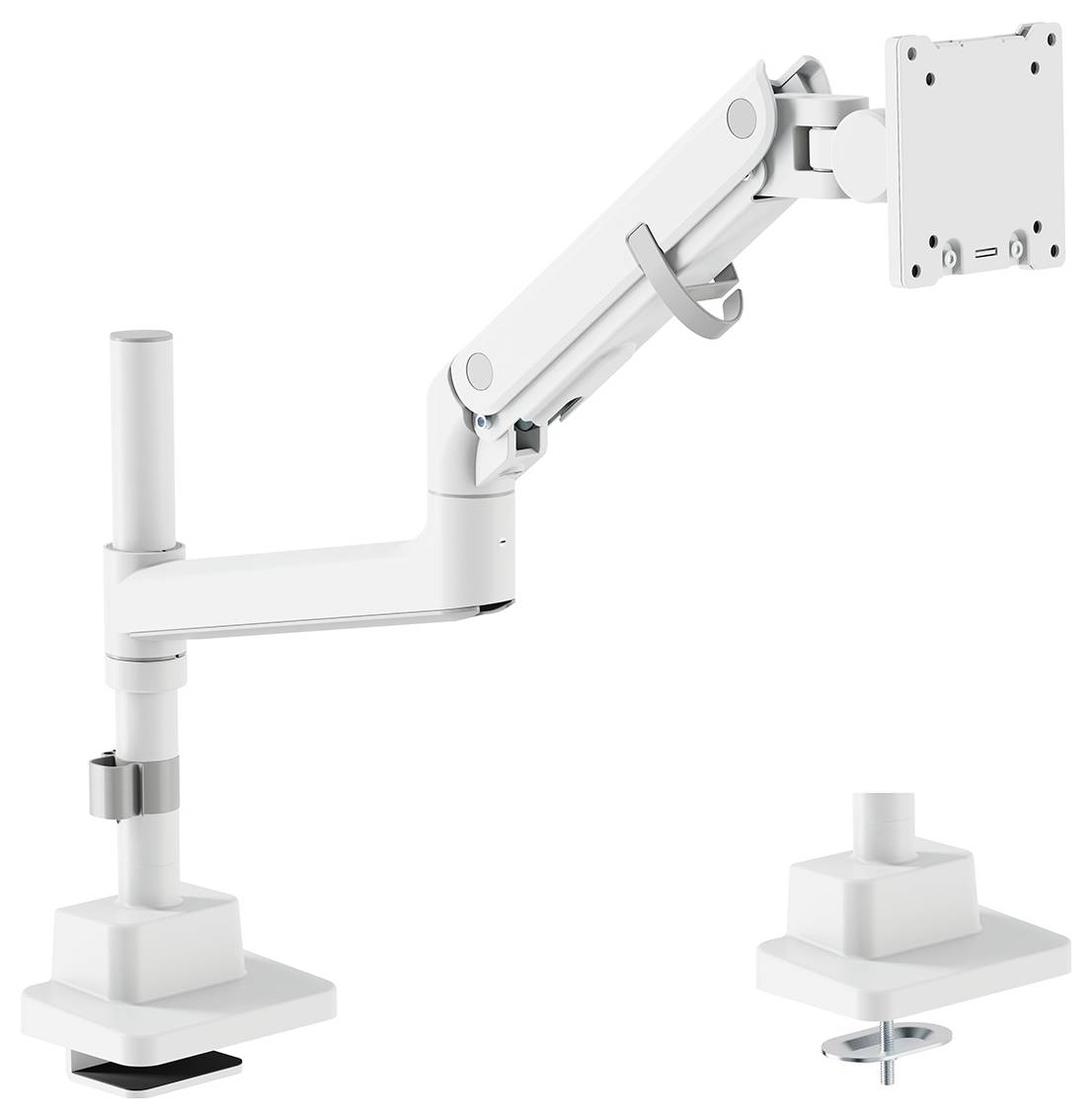 Adjustable white monitor arm with clamp and grommet base, shown detached, for versatile desk mounting, supporting various angles.