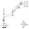 Adjustable white monitor arm with clamp and grommet base, shown detached, for versatile desk mounting, supporting various angles.