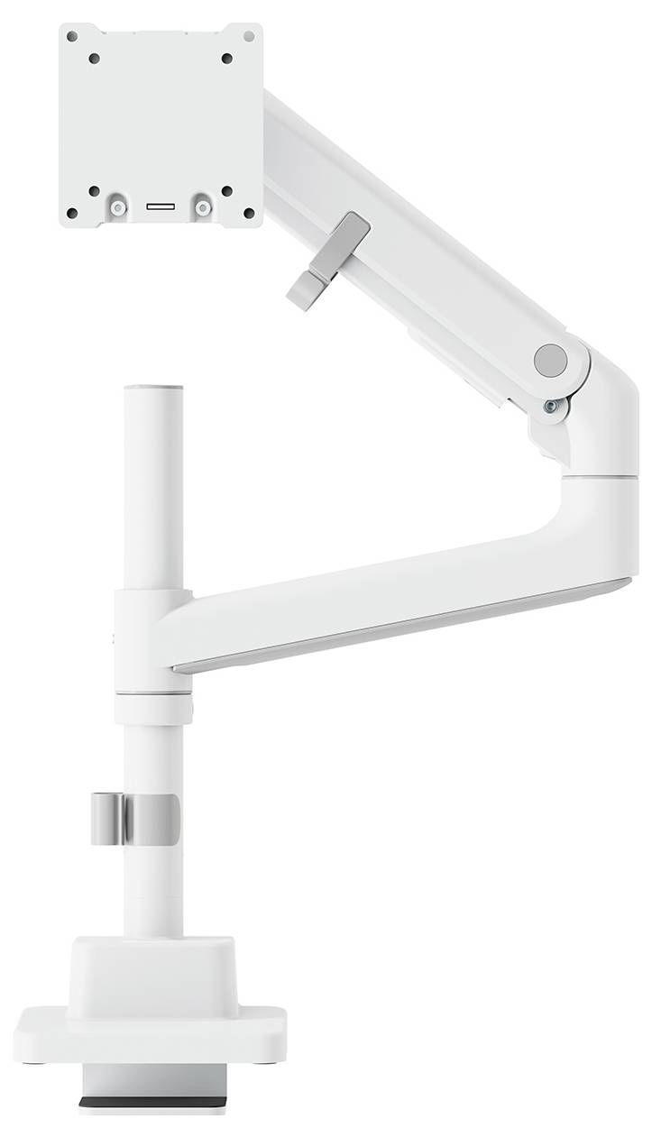 Adjustable white monitor arm with a sleek, modern design, suitable for office or home use, allowing for flexible screen positioning.