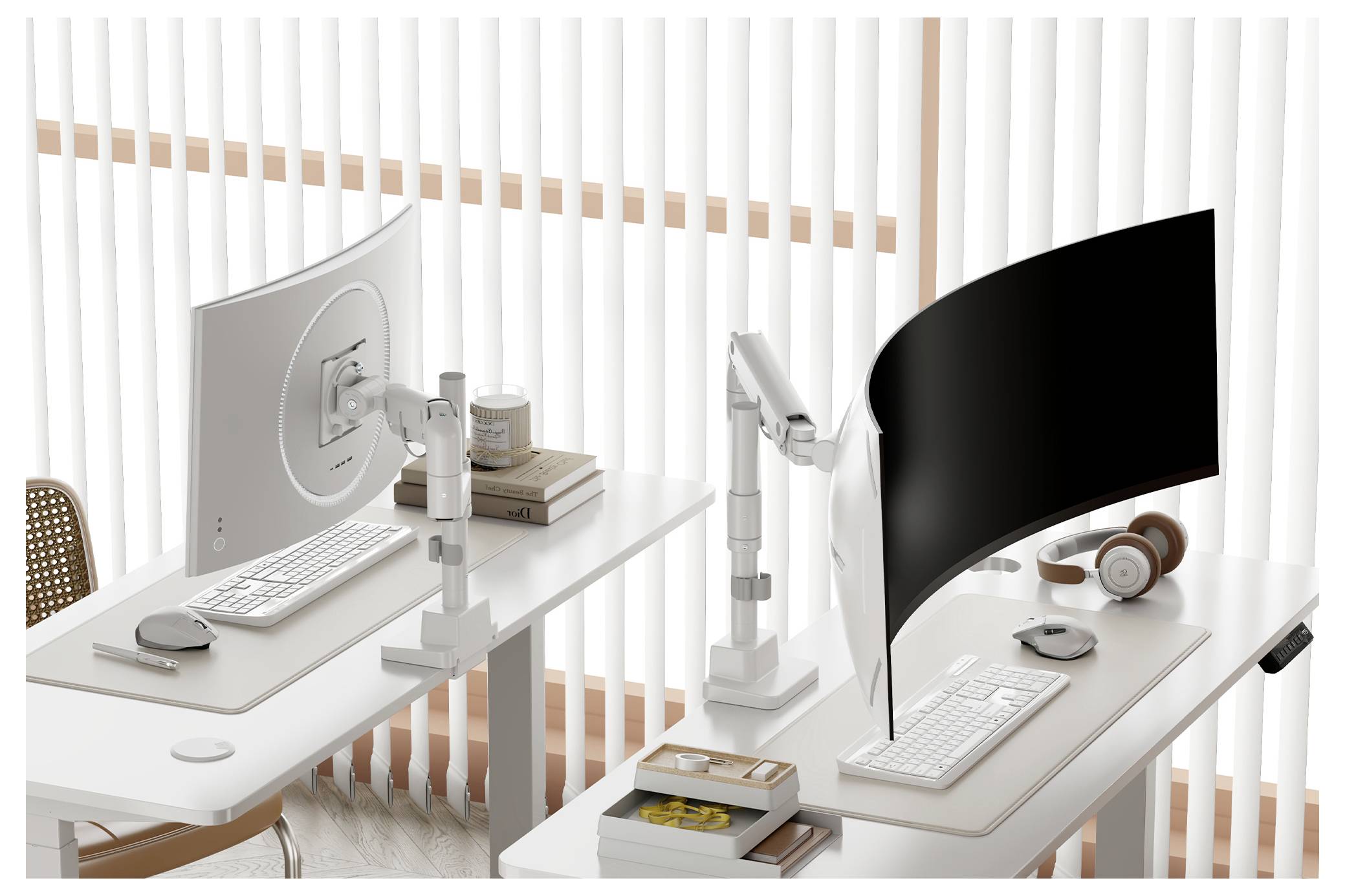 Two modern white desks with curved monitors and matching accessories. Natural light filters through blinds, adding a soft ambience.