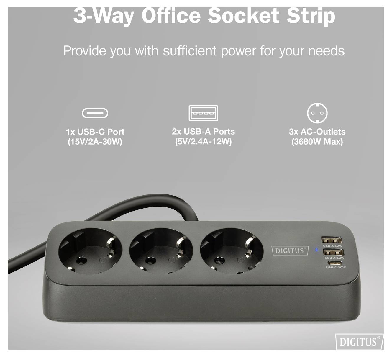 '3-Way Office Socket Strip' with 1 USB-C port, 2 USB-A ports, and 3 AC outlets, providing power for various devices.