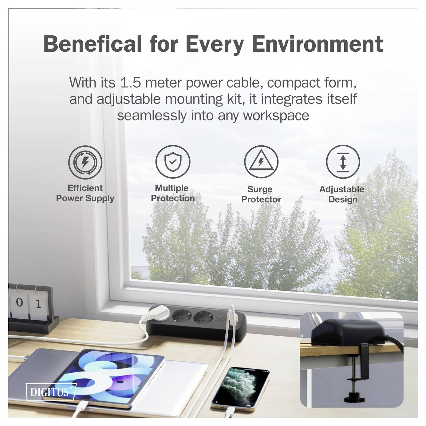 'Beneficial for Every Environment' text over image of a desk with a power strip featuring a 1.5-meter cable and adjustable mount, emphasizing flexibility and protection.