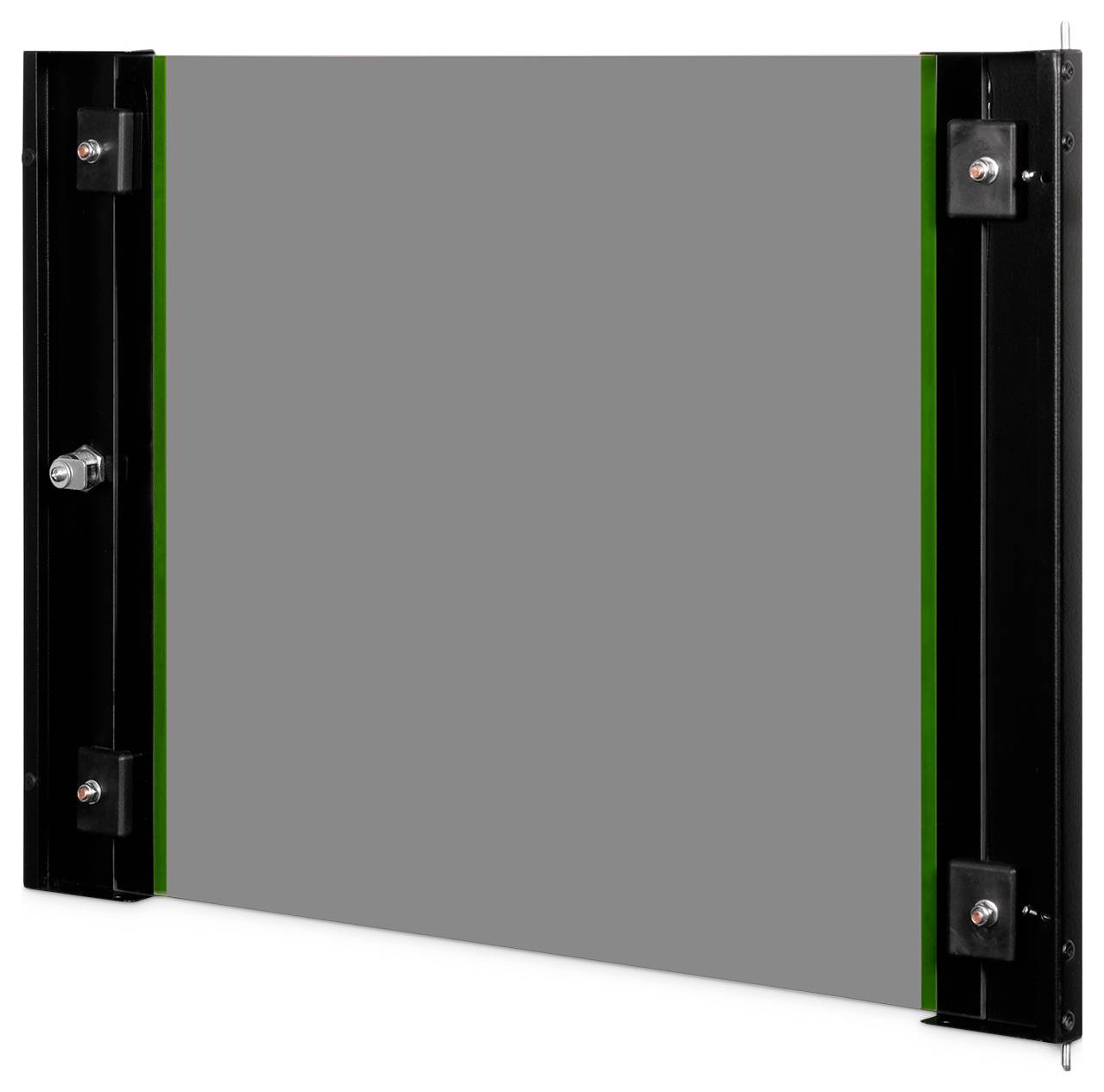 A rectangular smoke tint glass panel secured with screw connections, featuring a black metal frame on the sides and top.
