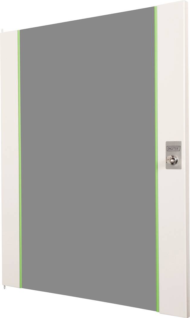 A gray metal cabinet with a key lock on the right and green vertical accents on the sides.