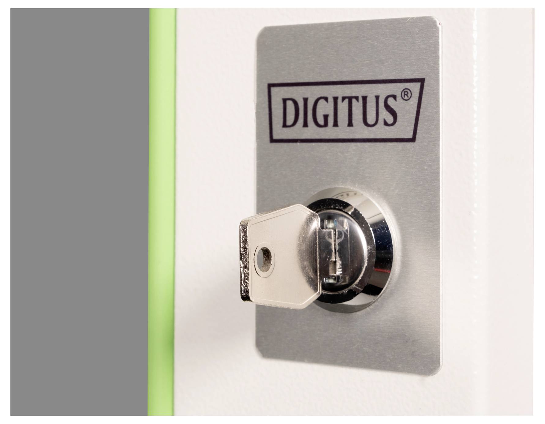 A close-up of a key inserted into a lock on a panel labeled 'DIGITUS', suggesting a secure access control system.