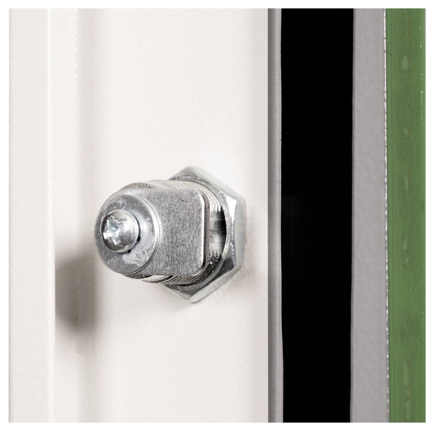 A close-up of a metal bolt secured to a white vertical surface, with a black edge on the right, showing part of a door or panel.