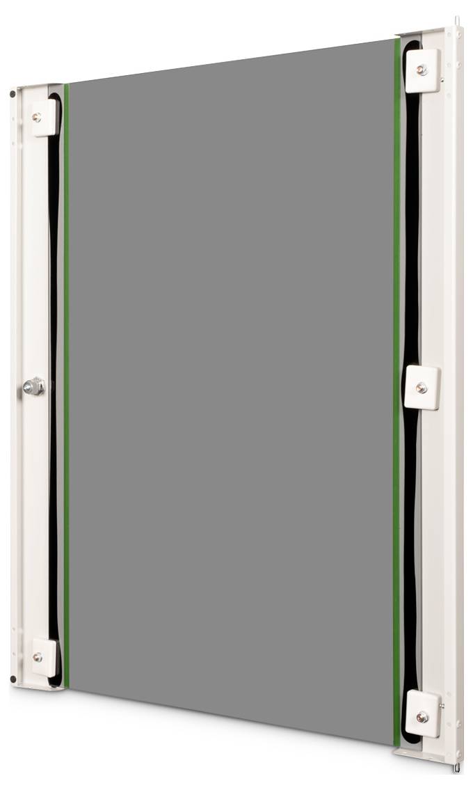 A gray internal door with a sleek, minimalist design features black and green accents.