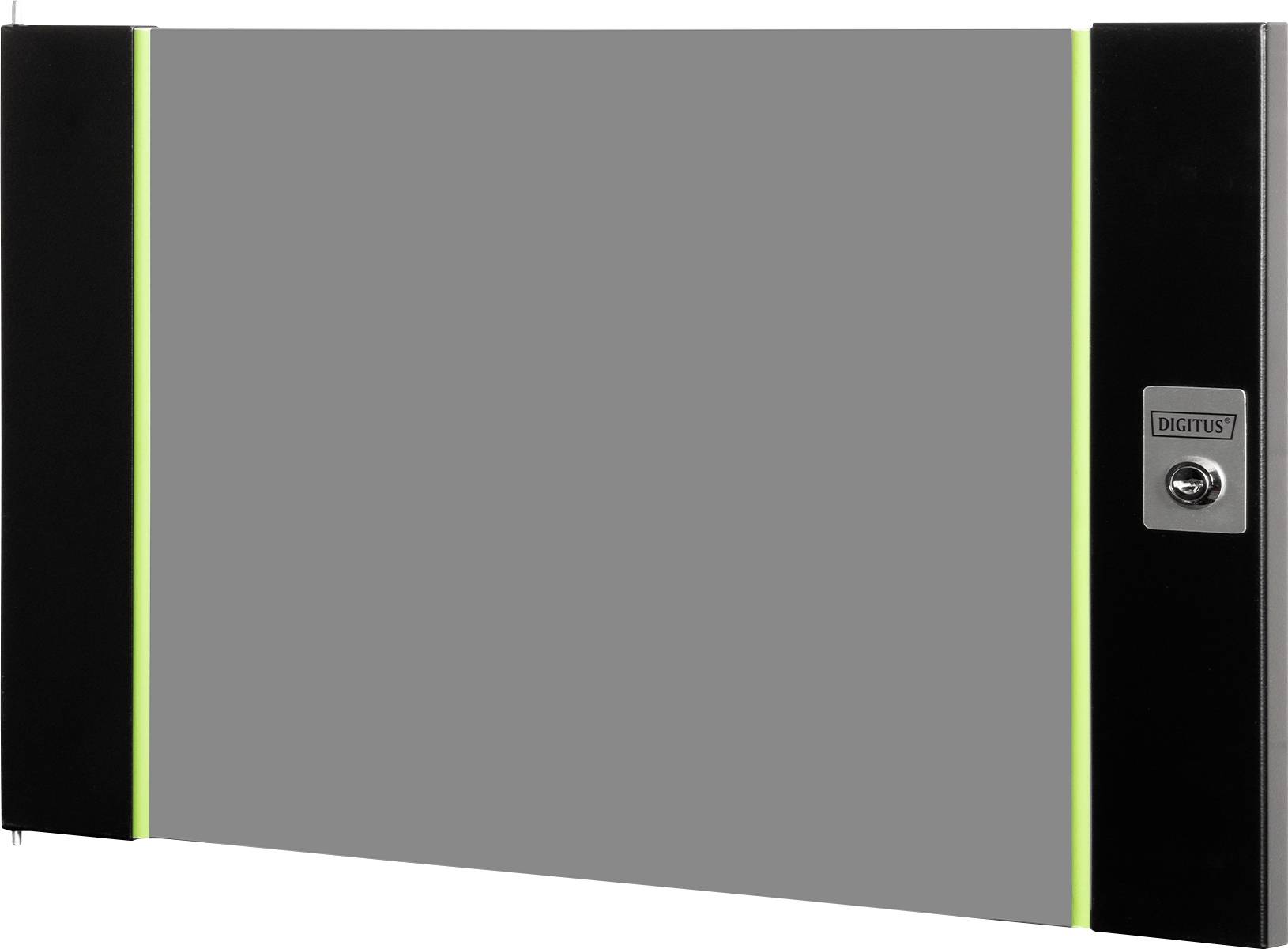 A black server rack door with green vertical lines on each side and a lock labeled 'Digitus' on the right panel.