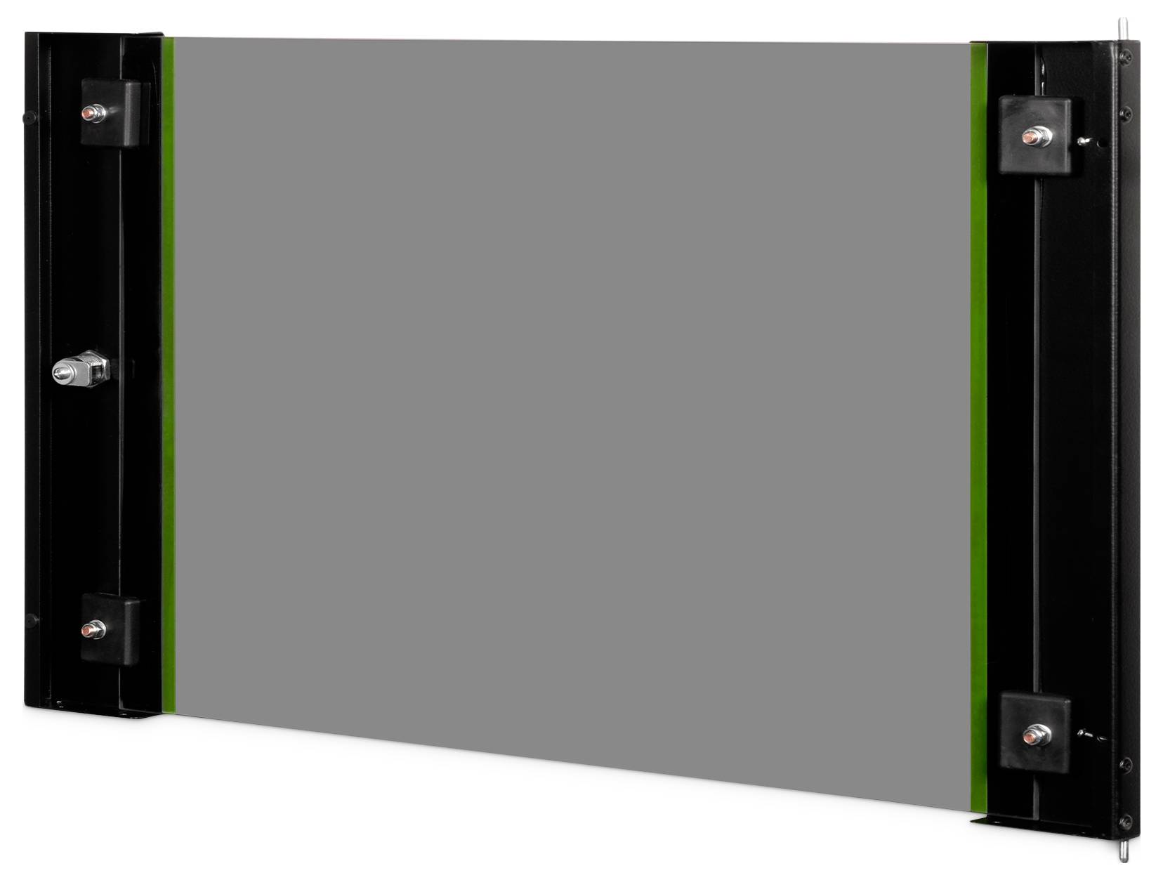 A gray board secured by four corner clamps, with green accents on each side, mounted on a black metal frame.