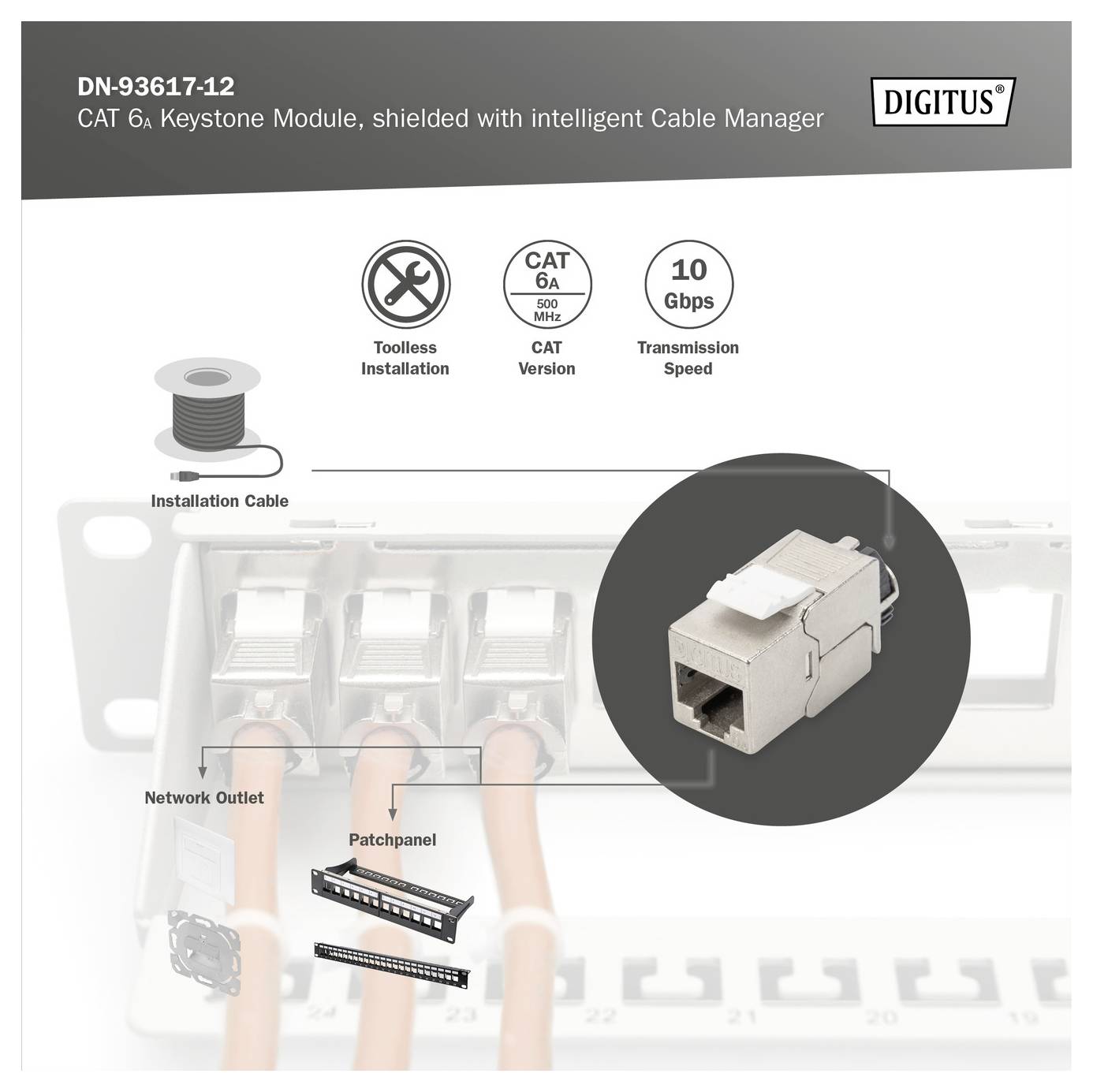 'CAT 6A Keystone Module with intelligent Cable Manager, supports 10 Gbps and tool-less installation, equipped with network outlet and patch panel, designed by Digitus.'