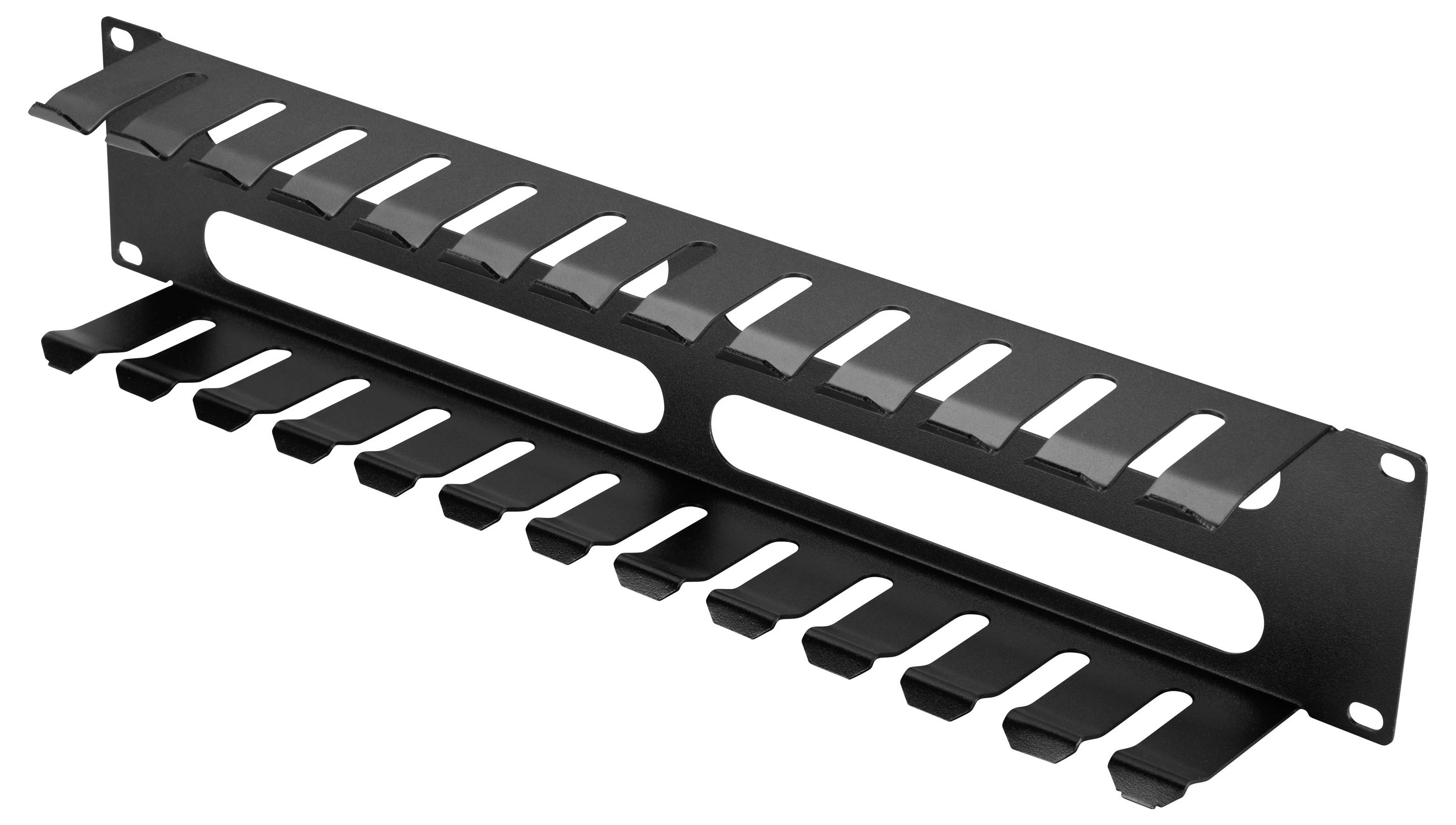 Black metal cable management rack with slotted top and multiple front cable hooks, shown on a white background.
