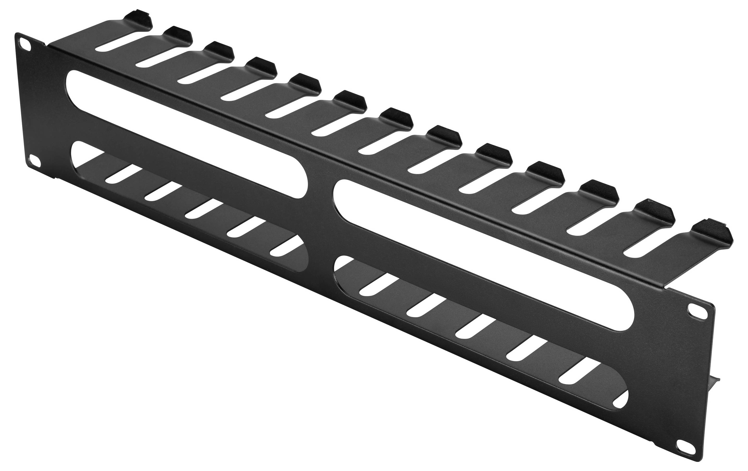 Black metal 1U rack cable management panel with slotted openings and hooks for organizing server rack cables.