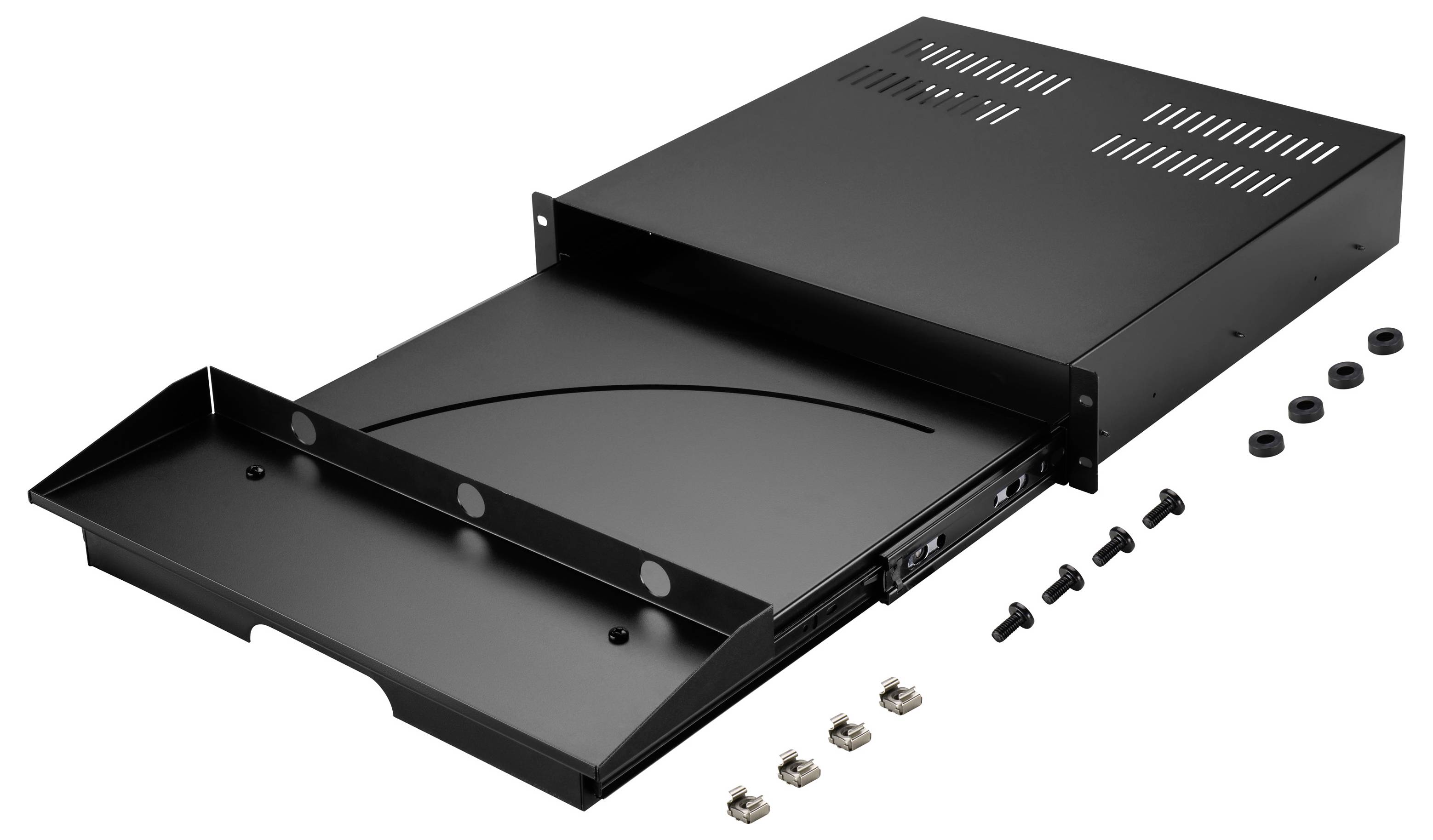 Black 19-inch rackmount drawer partially open, shown with mounting screws and washers laid out beside it.<br>