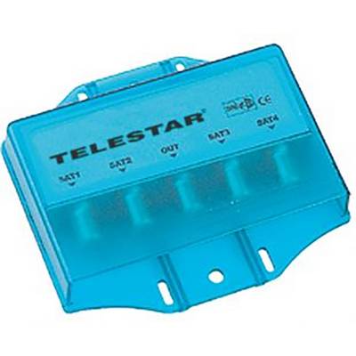 A blue electronic device labeled 'Telestar' with ports for SAT1, SAT2, SAT3, SAT4, and OUT, likely a component for satellite signal distribution.