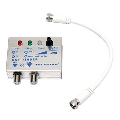 'SAT-FINDER' device with LED indicators and dials for signal strength, includes connectors and a coaxial cable for satellite alignment.