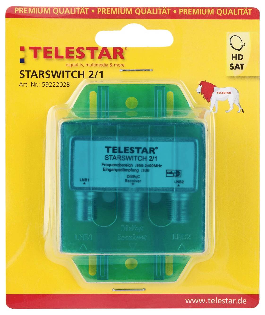 Packaging for 'TELESTAR STARSWITCH 2/1', a satellite signal switch. Shows brand name, model, and product image with yellow background.