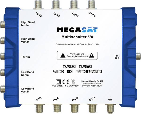 MegaSat 0600150 SAT multiswitch Inputs (multiswitches): 5 (4 SAT/1 terrestrial) No. of participants: 8