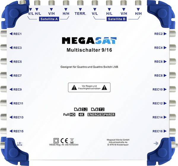 MegaSat 0600153 SAT multiswitch Inputs (multiswitches): 9 (8 SAT/1 terrestrial) No. of participants: 16