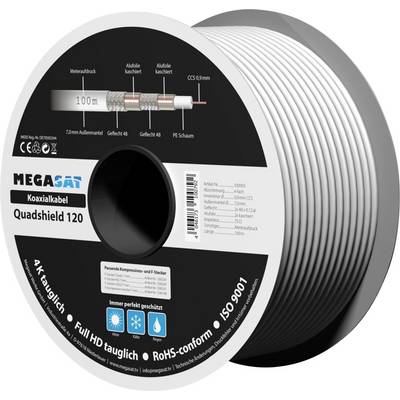 Coaxial cable spool labeled 'MEGASAT Quadshield 120'. Highlights features: 4K ready, HD compatible, RoHS conform, ISO 9001 certified.