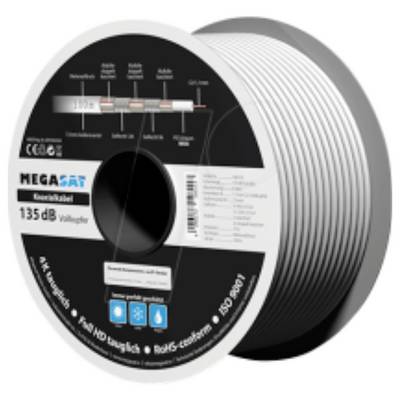 A spool labeled 'Megasat Koaxialkabel 135 dB' shows coaxial cable with high shielding, suitable for 4K and Full HD.
