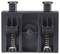 A black plastic component with two spring-loaded buttons on top, used for mechanical or electrical applications.