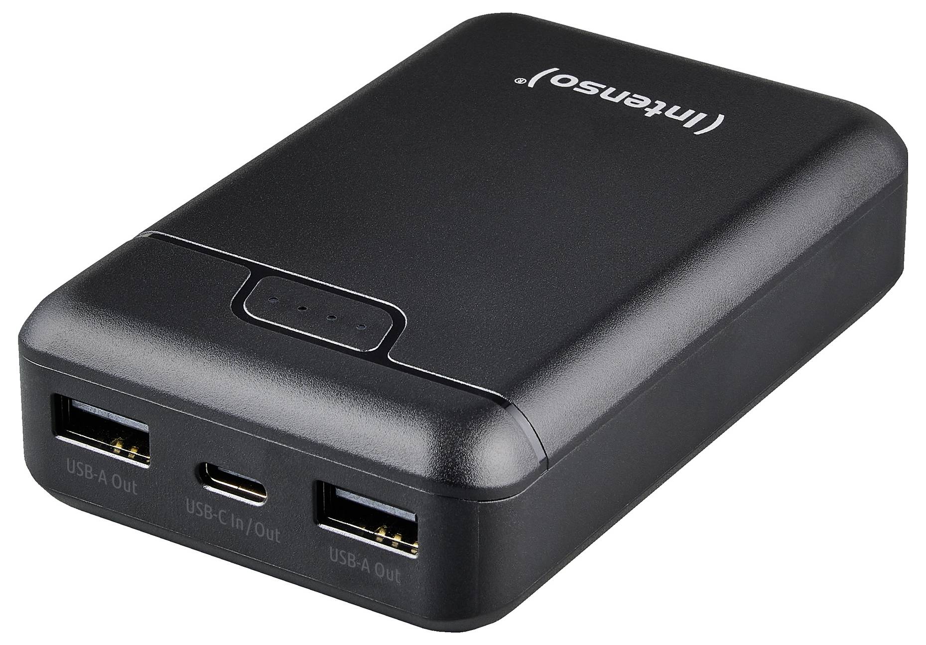 A sleek, compact external hard drive with a single connector cable, featuring the brand name 'Intenso' on the surface.