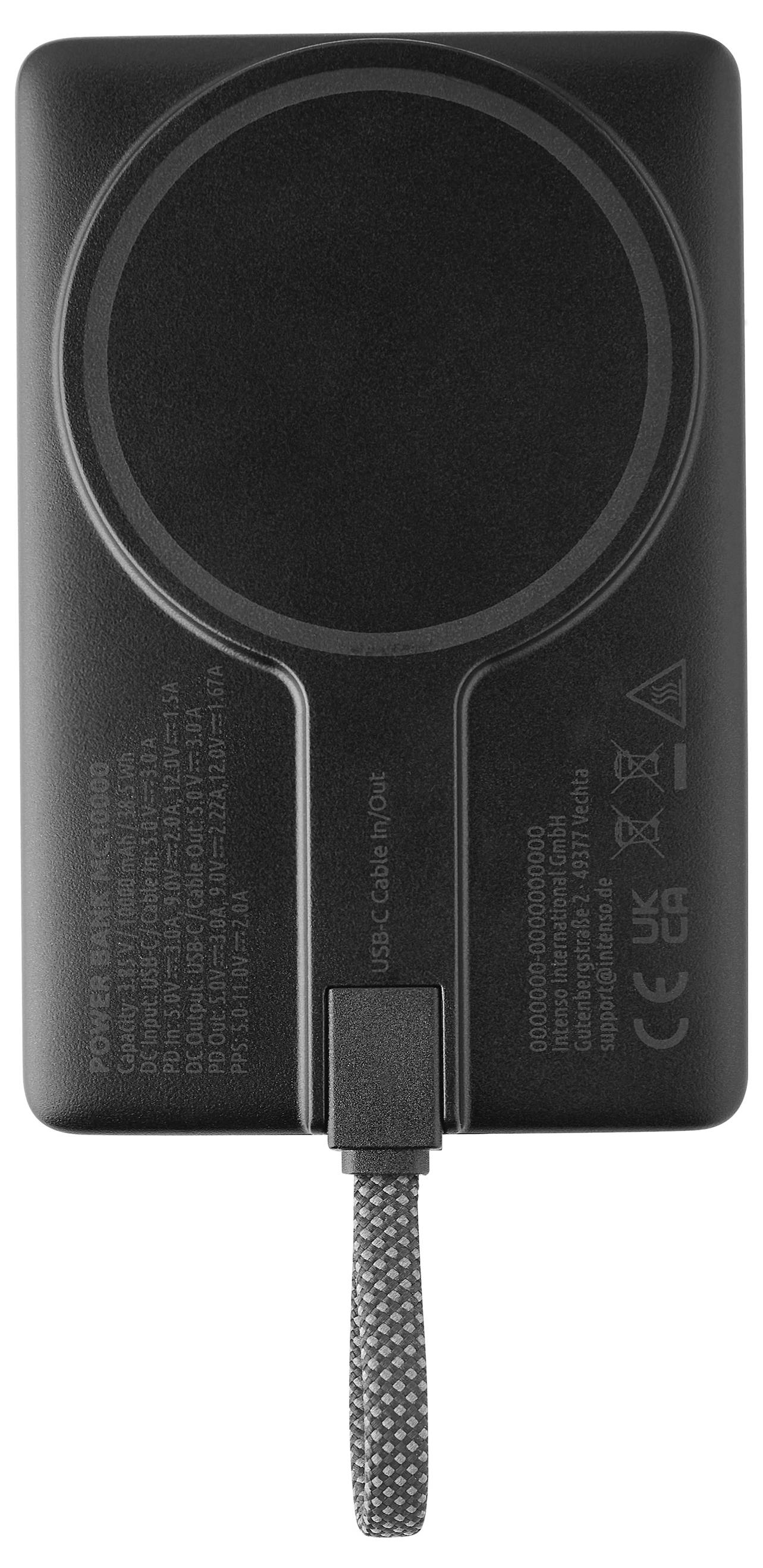 A black portable charger with a circular charging pad and a braided cable attached. Text and symbols are on the back.