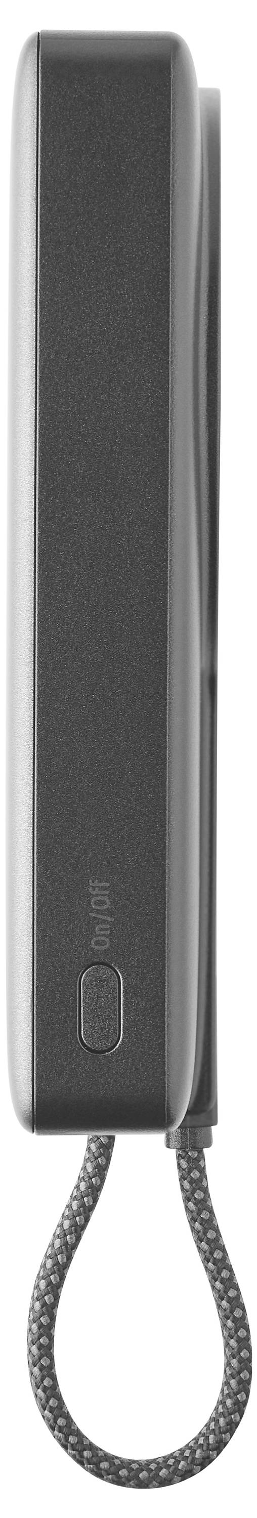 A gray portable power bank with a single button and a looped strap, shown from a side profile.