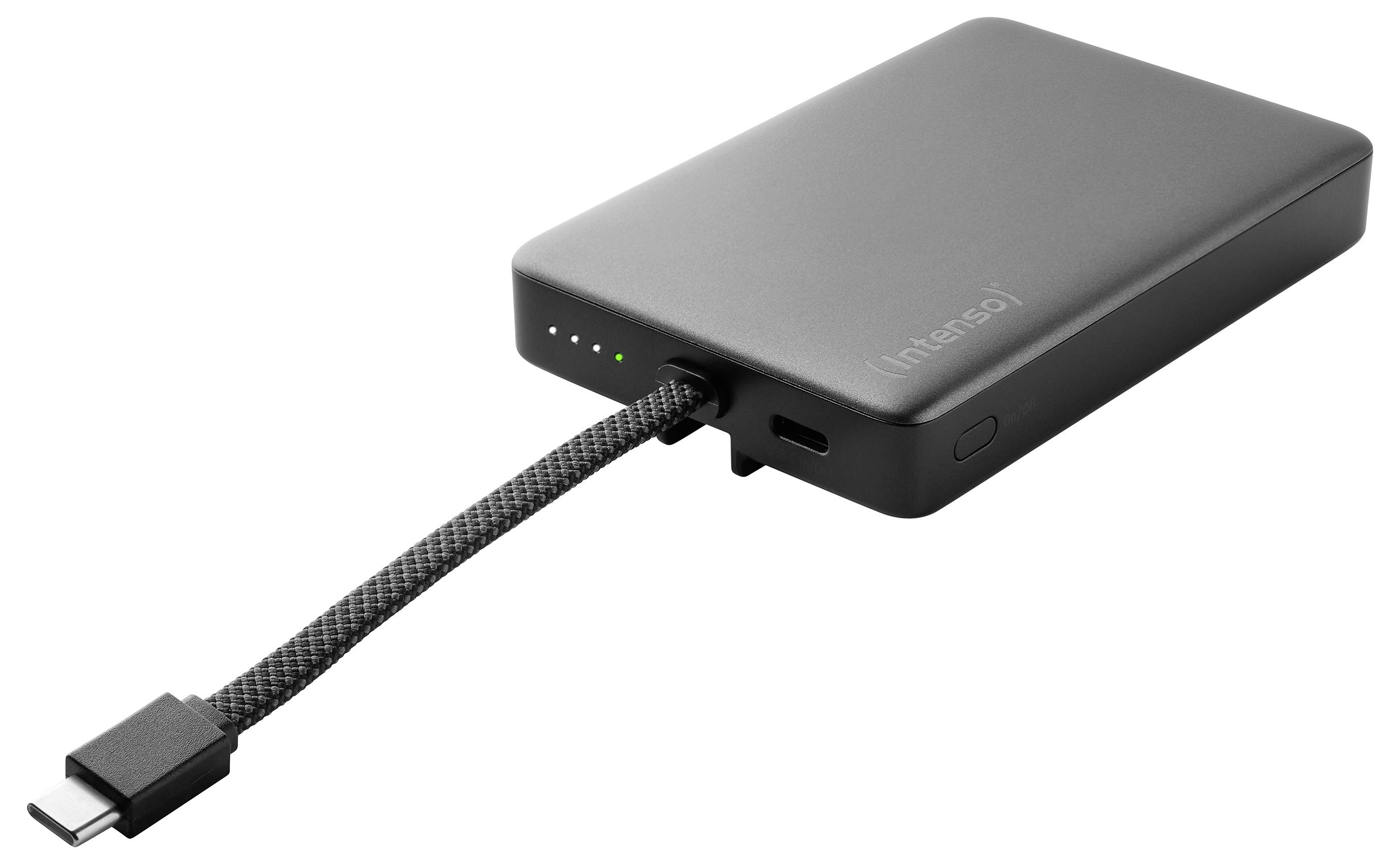 A black rectangular power bank with a textured cable connected. Four small LED lights indicate the battery level.