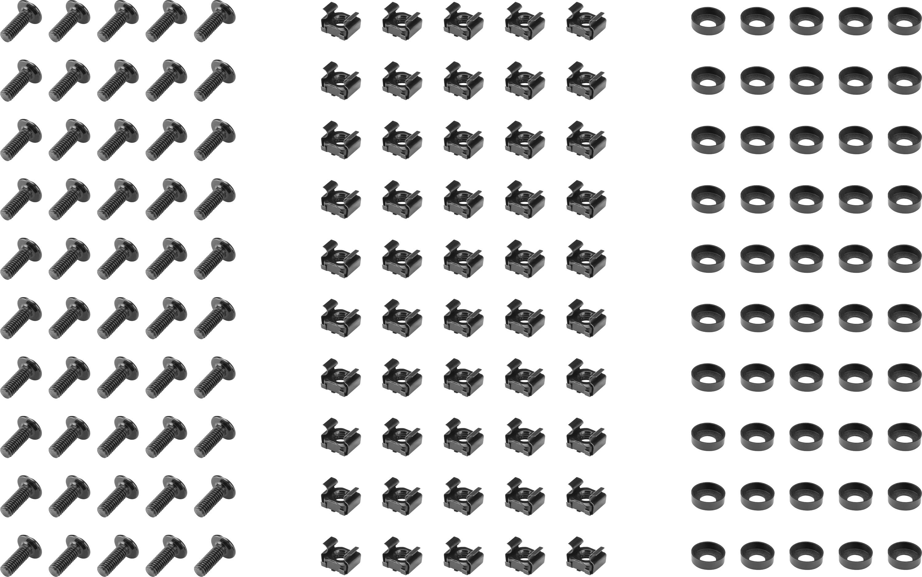 Three columns of hardware parts on white background: bolts/screws, small black brackets, and washers arranged in neat rows.