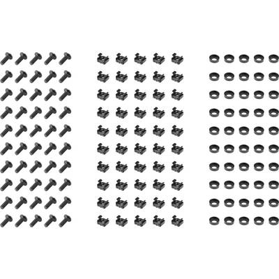 Three columns of hardware parts on white background: bolts/screws, small black brackets, and washers arranged in neat rows.