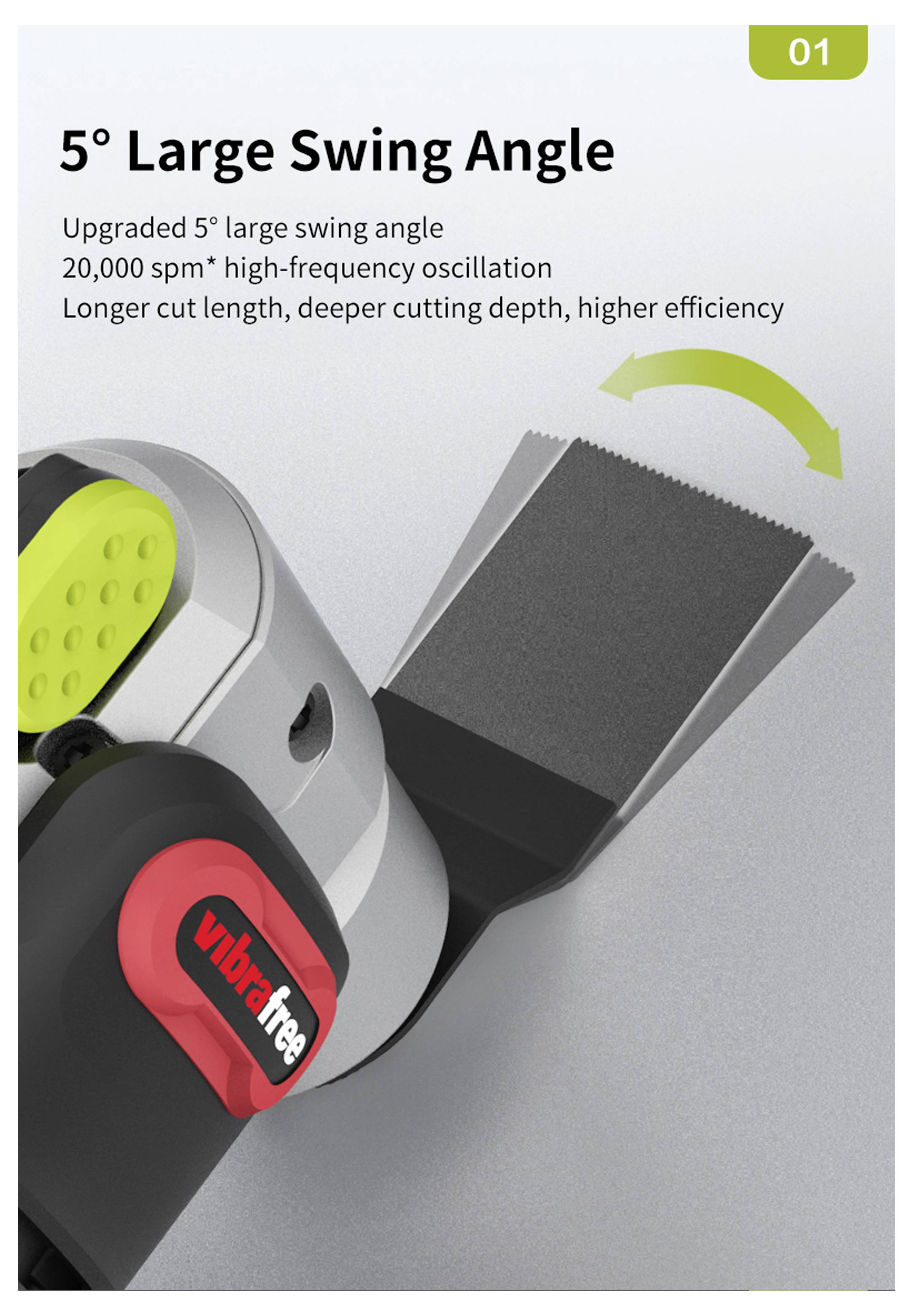 Product ad showing an oscillating multi-tool with '5° Large Swing Angle' for deeper cutting and higher efficiency, highlighted by a curved arrow.