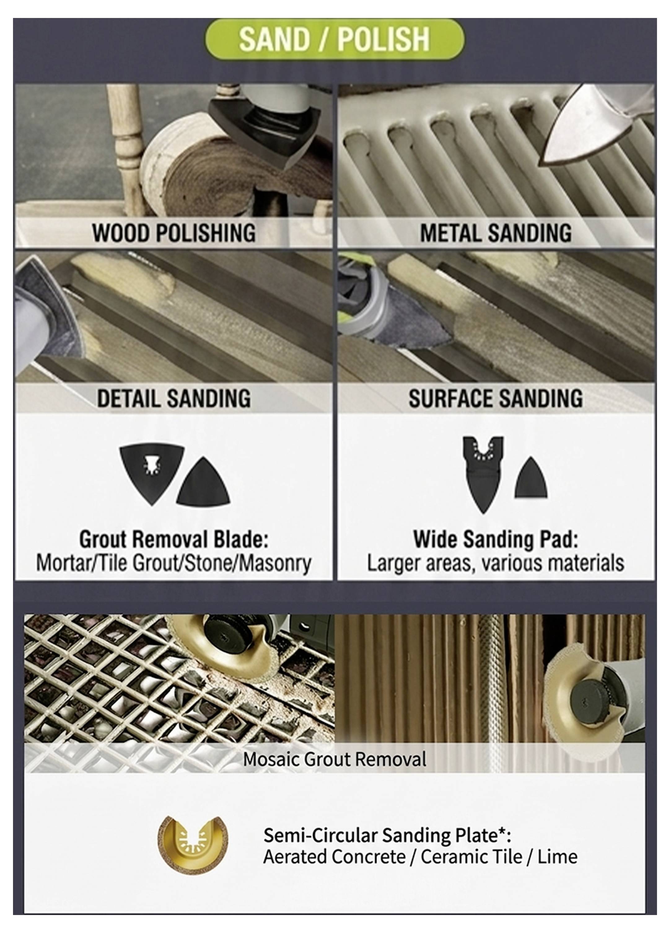 Infographic titled 'Sand / Polish' showing uses of sanding accessories: wood polishing, metal sanding, detail sanding, surface sanding, grout removal, and semi-circular sanding plate for concrete, tile, and lime.