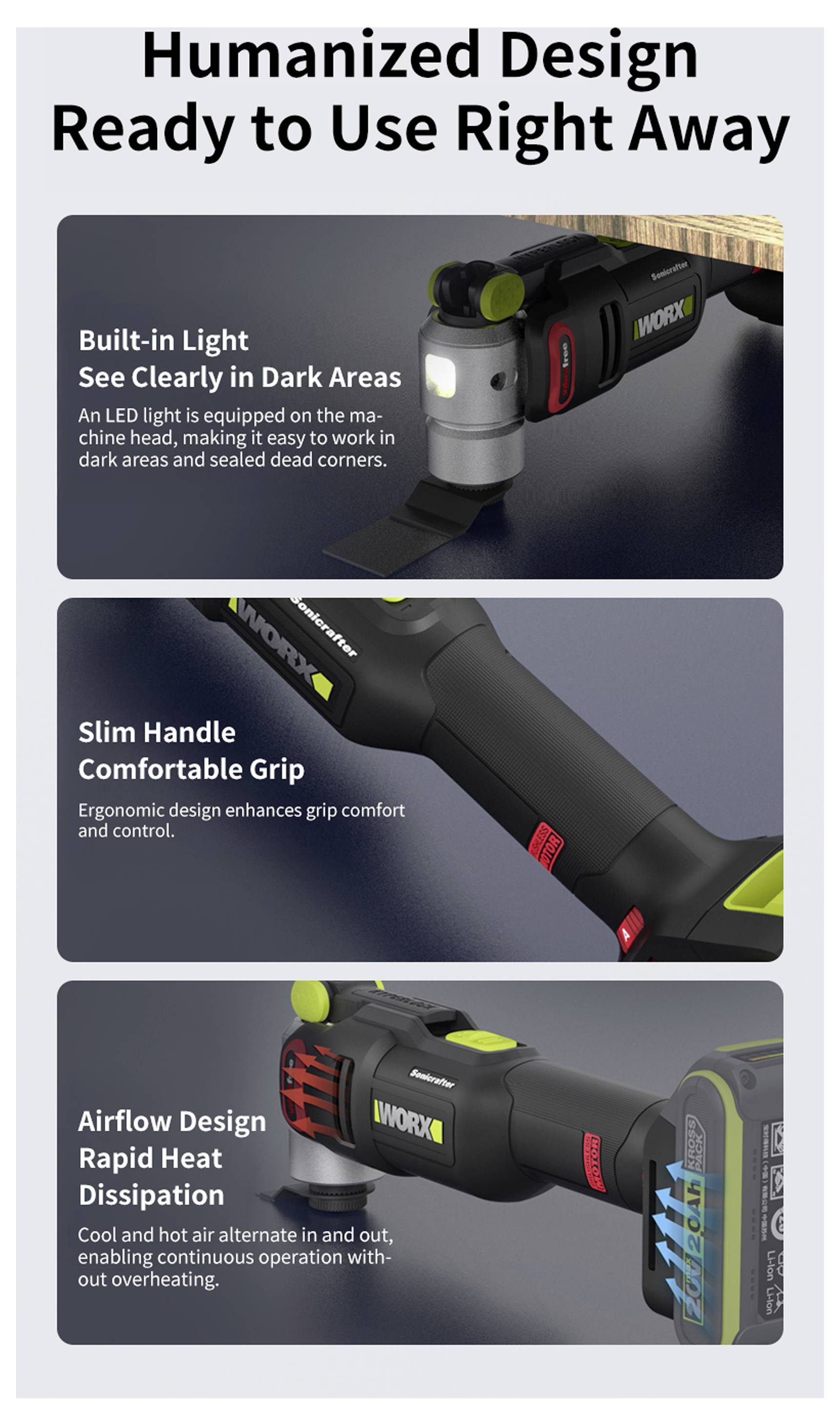Promotional poster for a WORX cordless tool, titled 'Humanized Design Ready to Use Right Away,' highlighting built-in light, slim handle, and airflow cooling features.