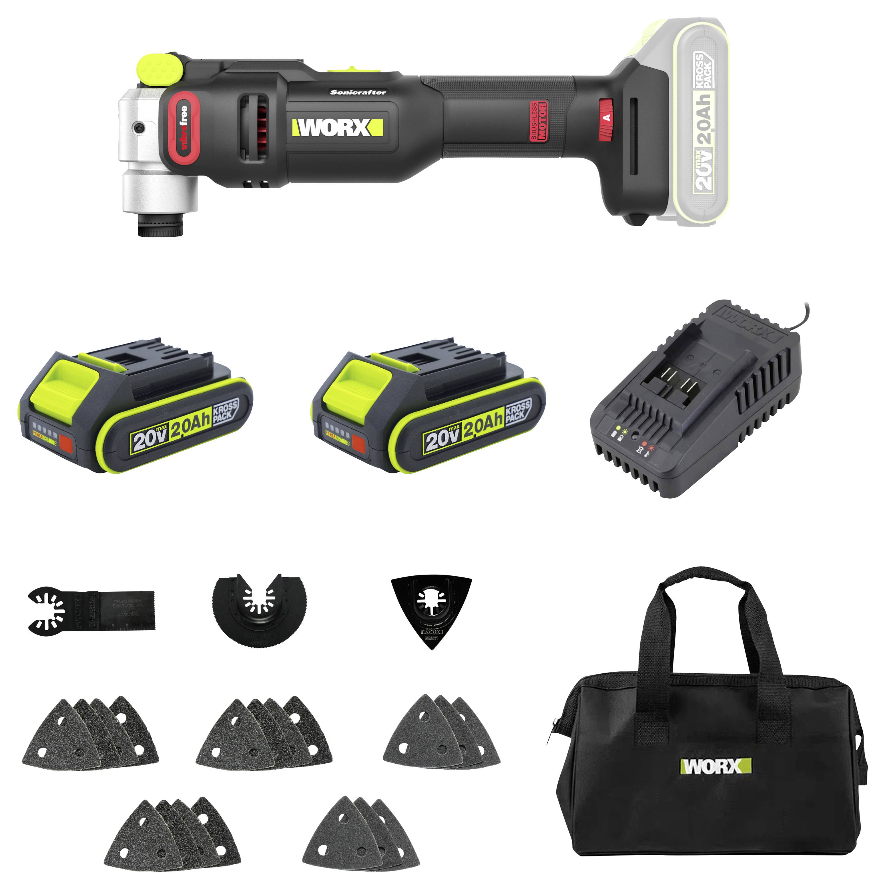 WORX cordless oscillating multi-tool kit with two 20V batteries, charger, assorted cutting and sanding blades, and carrying bag.