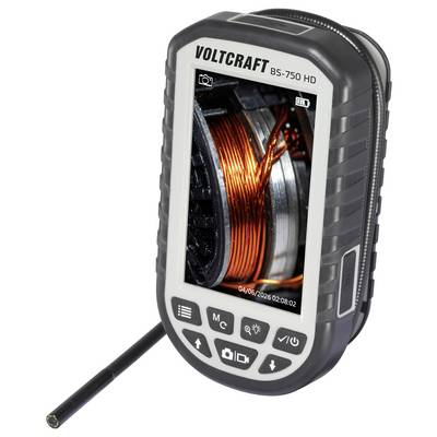 A handheld voltcraft BS-750 HD device with a display showing a close-up image of copper wiring. The device has control buttons.