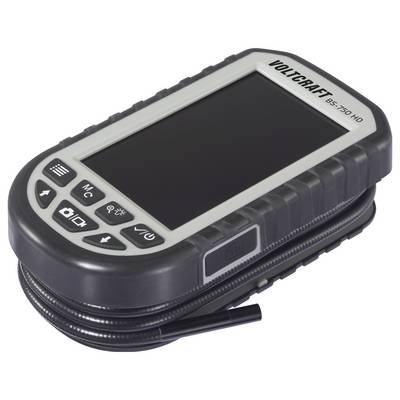 Handheld device labeled 'Voltcraft BS-750 HD' with a screen and buttons for navigation. Coiled cable attached for connectivity.