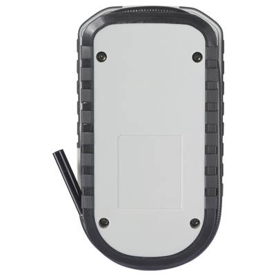 A rugged, rectangular electronic device with a white front, black edges, and a short black antenna on the lower left side.