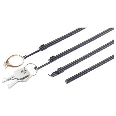 'Three extendable tools with hooks; one holds a gold ring, another holds silver keys.'