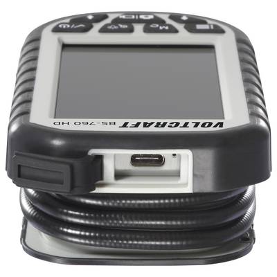 Handheld digital device with cables, screen, and labeled buttons, used for voltage measurements, displaying the text 'Voltcraft BS-760 HD'.