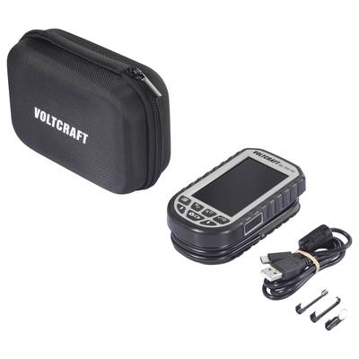 'A black Voltcraft digital oscilloscope' with a protective case, USB cable, and two hooks, shown on a white background.