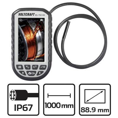 Handheld endoscope displays close-up of coiled wire. Features include 1000mm flexible cable, 88.9mm screen, IP67 rating.