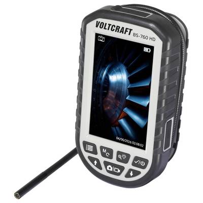 Handheld VOLTCRAFT BS-760 HD inspection camera with probe and color screen displaying a close-up of turbine blades.