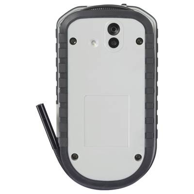 Back view of a rugged handheld device with a central camera lens, small sensor, screw fasteners, and a black protective border.