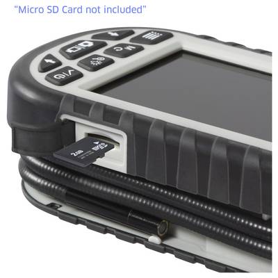 Rugged handheld device with a Micro SD card partially inserted; text reads 'Micro SD Card not included'.