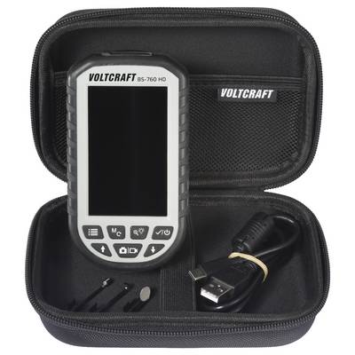 VOLTCRAFT BS-760 HD handheld inspection camera kit in a zippered case, with screen, cables, and accessories.