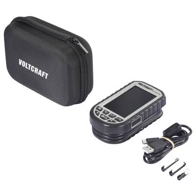 Voltcraft handheld electronic device with carrying case, USB cable, and small accessories displayed on a white background.