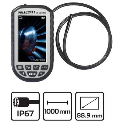 Handheld VPCRAFT BS-760 HD inspection camera with flexible 1000 mm cable; image shows IP67 rating and 88.9 mm view diameter.